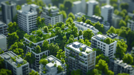 3D illustration of a cityscape with green rooftops and trees, highlighting urban environmental sustainability with this inviting photo.の素材
