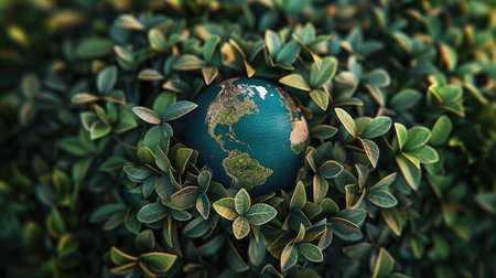 3D depiction of a globe surrounded by green leaves, emphasizing global environmental awareness with this inviting photo.の素材