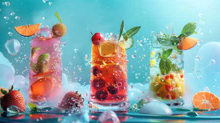 3D close-up of three distinct cocktails, featuring a mix of vibrant colors and garnishes, emphasizing the texture and refreshing look of each drink.の素材