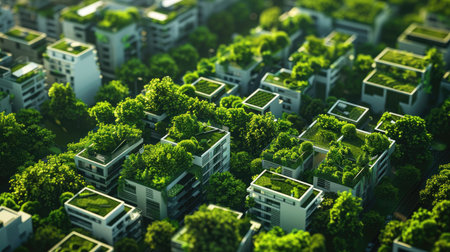 3D illustration of a cityscape with green rooftops and trees, highlighting urban environmental sustainability with this inviting photo.の素材