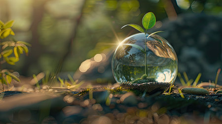 3D depiction of a small plant growing inside a glass sphere, symbolizing environmental protection with this inviting photo.の素材