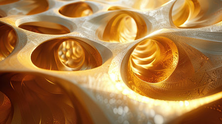 3D illustration of a golden background with complex, overlapping geometric patterns and a polished, radiant finish with this inviting photo.の素材