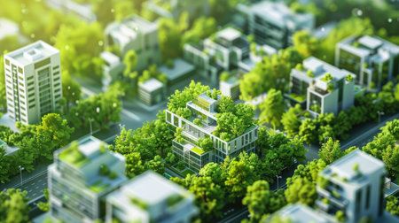 3D illustration of a cityscape with green rooftops and trees, highlighting urban environmental sustainability with this inviting photo.の素材