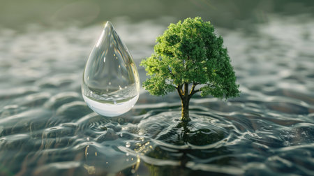 3D illustration of a water droplet with a tree inside, symbolizing the importance of water conservation with this inviting photo.の素材