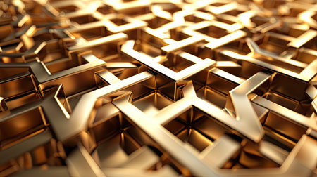 3D illustration of a golden background with complex, overlapping geometric designs and a polished, luxurious finish with this inviting photo.の素材