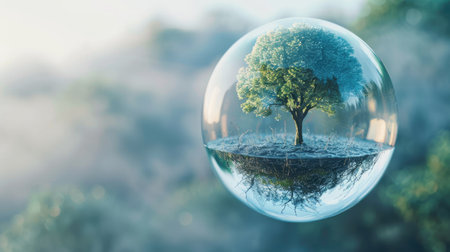 3D illustration of a tree growing inside a transparent sphere, representing environmental conservation with this inviting photo.の素材