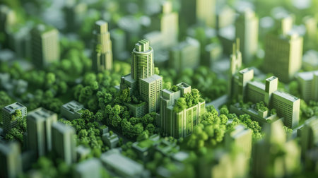 3D model of a city with green buildings and trees, highlighting urban sustainability with this inviting photo.の素材