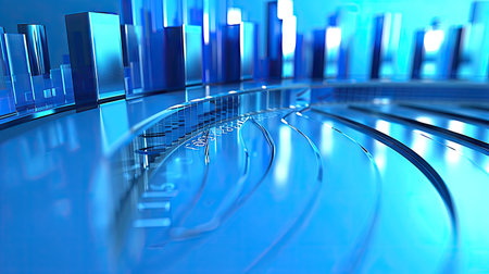 3D illustration of financial growth with bar charts and digital effects on a blue background with this inviting photo.の素材