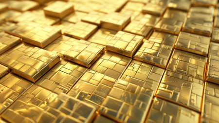 3D rendering of a golden background with a mosaic of shiny, reflective squares, creating an opulent visual effect with this inviting photo.の素材