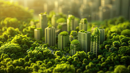 3D model of a city with green buildings and trees, highlighting urban sustainability with this inviting photo.の素材