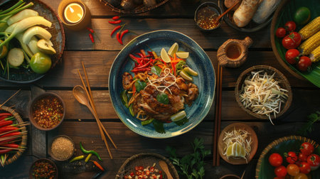 3D rendered top view of a traditional Thai meal with Som Tum Papaya Salad and Grilled Chicken, emphasizing the rich colors and appetizing arrangement with this inviting photo.の素材