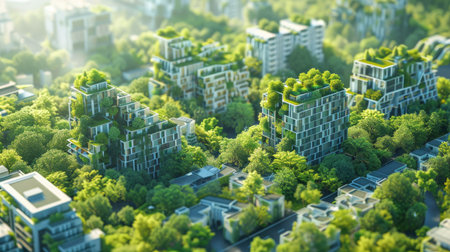 3D model of a city with green buildings and trees, highlighting urban sustainability with this inviting photo.の素材