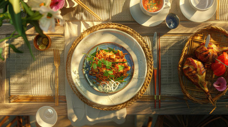 3D rendered top view of a traditional Thai meal with Som Tum Papaya Salad and Grilled Chicken, emphasizing the rich colors and appetizing arrangement with this inviting photo.の素材