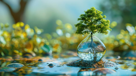 3D illustration of a water droplet with a miniature ecosystem inside, highlighting water conservation with this inviting photo.の素材