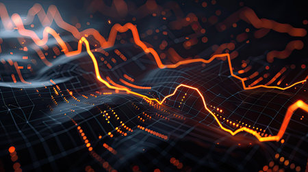 3D illustration of a stock market chart with rising trends and glowing lines on a dark background with this inviting photo.の素材
