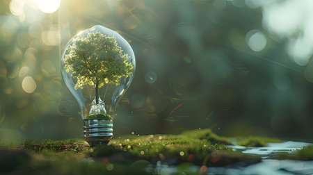 3D model of a light bulb with a tree growing inside, representing innovative green energy solutions with this inviting photo.の素材