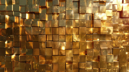 3D rendering of a golden background with a mosaic of shiny, reflective squares, creating an opulent visual effect with this inviting photo.の素材