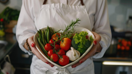 A nutritionist holding a heart-shaped dish packed with nutritious vegetables, promoting healthy living with this inviting photo.の素材