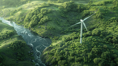 Abstract 3D image of a wind turbine in a green landscape, promoting renewable energy sources with this inviting photo.の素材