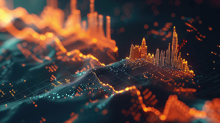 Abstract 3D financial data chart with rising trends and glowing effects on a dark background with this inviting photo.の素材