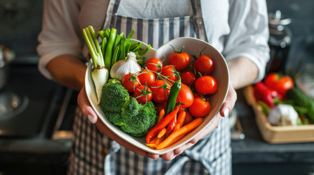 A nutritionist presenting a heart-shaped dish with a variety of vegetables, promoting health and wellness with this inviting photo.の素材