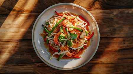 3D top view of a beautifully arranged Thai dish, featuring Som Tum Papaya Salad and Grilled Chicken, capturing the essence of Thai cuisine with this inviting photo.の素材