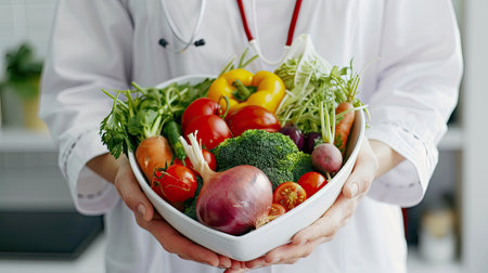 A nutritionist holding a heart-shaped dish filled with fresh vegetables, symbolizing healthy eating and wellness with this inviting photo.の素材