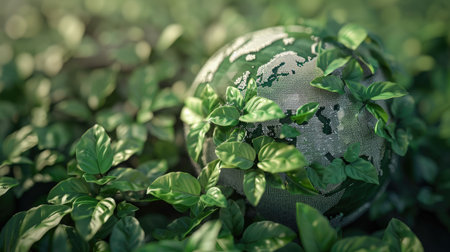 Abstract 3D rendering of a globe with green leaves, emphasizing global environmental awareness with this inviting photo.の素材