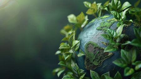 Abstract 3D rendering of a globe with green leaves, emphasizing global environmental awareness with this inviting photo.の素材