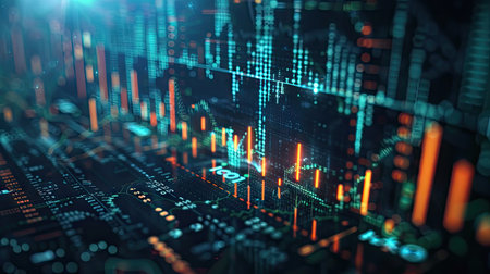 Abstract 3D rendering of financial symbols and charts with digital effects on a dark background with this inviting photo.の素材