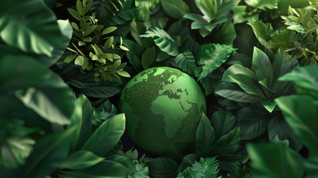 Abstract 3D rendering of a green globe surrounded by leaves, symbolizing global environmental protection with this inviting photo.の素材