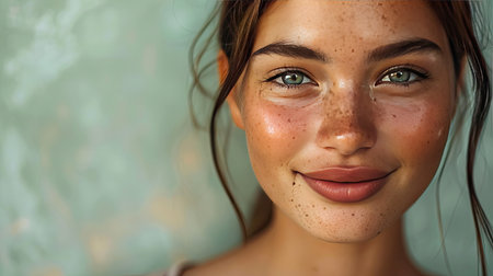 Beautiful young woman with clear, fresh skin, smiling gently, exuding confidence and natural elegance.の素材