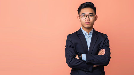 Asian man in a suit, wearing glasses, making a serious expression with crossed arms. Clear space for text on the right side.の素材