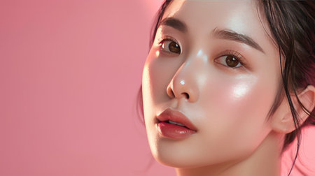 Beautiful Asian woman with clear, luminous skin and sophisticated K-beauty makeup, posing gracefully.の素材