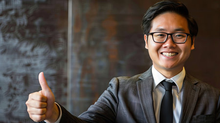 Asian man in a suit, wearing glasses, smiling and giving a thumbs up gesture. Ample space for text on the left.の素材