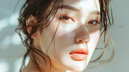 Beautiful Asian woman with dewy skin and delicate K-beauty makeup, looking confidently into the camera.の素材