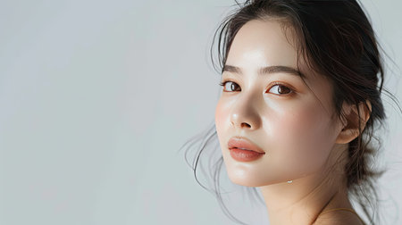 Beautiful young Asian woman with fresh, clear skin on a white background. Face care and spa treatment theme. Plenty of space for text on the right.の素材