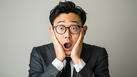 Asian man in a suit, wearing glasses, making a shocked expression with hands on cheeks. Clear space for text on the right.の素材