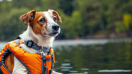 Adorable dog wearing a bright life jacket, ready for an adventure. Space for text above.の素材