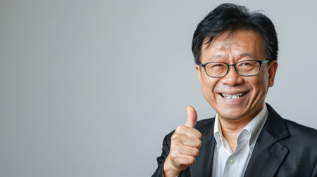 Asian man in a suit, wearing glasses, smiling and giving a thumbs up gesture. Ample space for text on the left.の素材