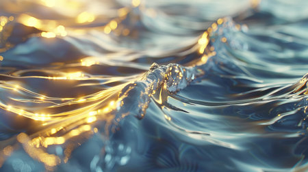 Close-up 3D rendered 8k image of water waves under sunlight, highlighting the play of light and shadows on the liquid surface with this inviting photo.の素材