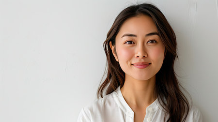 Asian woman with clear, glowing skin, smiling on a white background. Cosmetology and skincare concept. Plenty of space for text on the left.の素材