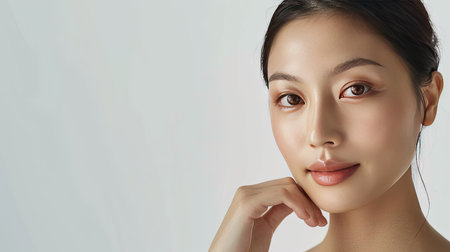 Asian woman with radiant skin, posing against a white background. Cosmetology and facial treatment theme. Ample space for text on the left.の素材