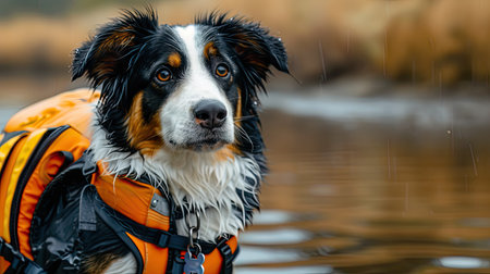 Adorable dog wearing a bright life jacket, ready for an adventure. Space for text above.の素材