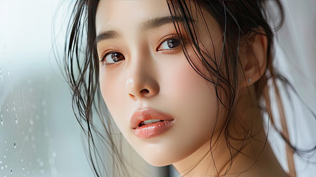 Beautiful Asian woman with dewy skin and delicate K-beauty makeup, looking confidently into the camera.の素材
