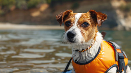 Close-up of a dog in a life jacket with clear space for text above its head. Perfect for safety announcements.の素材