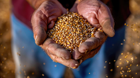 Close-up of a successful farmer's hands holding wheat grains, showcasing the rich texture and golden hue of the harvest with this detailed shot. 4の素材