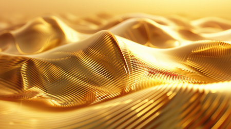 Contemporary 3D illustration of a golden background with dynamic, wave-like patterns and a shimmering effect with this inviting photo.の素材