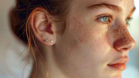 Close-up of a young woman's ear, highlighting the delicate contours and texture of the skin with this detailed and intimate shot. -の素材