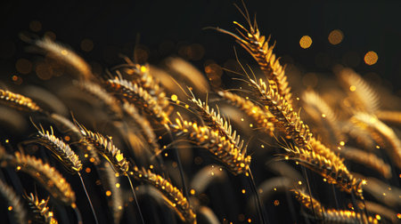 Detailed 3D close-up of wheat spikelets on a black background, emphasizing the fine details and rich golden tones against the dark surfaceの素材